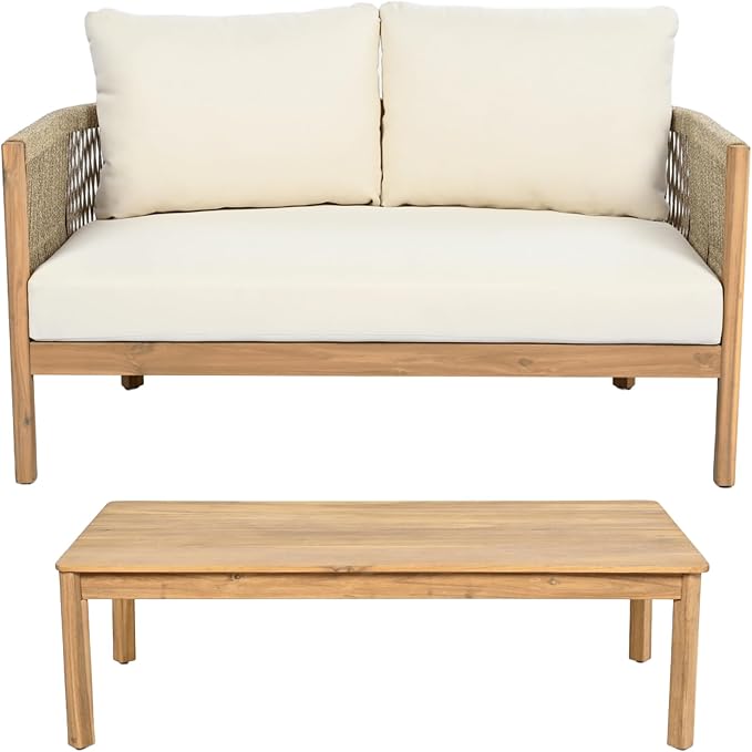 Christopher Knight Home Havets 2 Pieces Conversation Set, Acacia Wood Loveseat and Coffee Table Set, Woven Rope Armchair, Slats Panel End Table, 6" Thick Cushion Couch for Backyard Garden, Teak+Beige