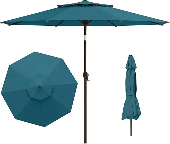 Outdoor Patio Umbrella, 2 Tiers Market Table Umbrella with 8 Sturdy Ribs, Push Button Tilt and Crank, UPF50+ UV Protection for Deck, Pool, Garden and Backyard