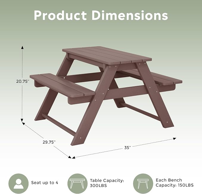WestinTrends Malibu Outdoor Patio and Indoor Kids HDPE Plastic Picnic Bench Table, Dark Brown