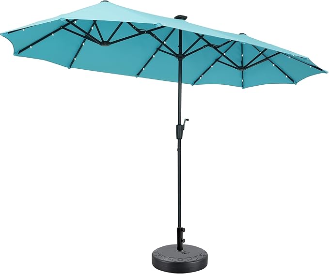 13Ft Large Patio Umbrella with Base Outdoor Double-Sided Market Extra Large Table Umbrella With Solar Lights Easy Crank for Yard, Poolside, Deck-Blue