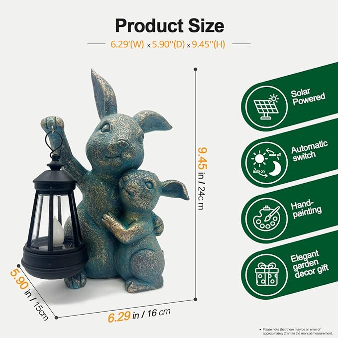 Solar Outdoor Statues Lantern Figurines Light Decorations for Garden Patio Balcony Yard Lawn, Ideal Gifts for Mom Friends (Bronze -Rabbit)