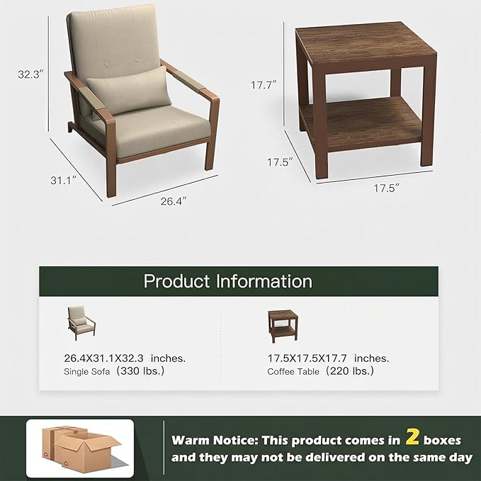 Patio Furniture Set, 3 Pieces Outdoor Patio Furniture with Coffee Table Set, Metal Patio Conversation Sets with Washable and High-Resiliency Sponge Cushions, Upgarded Beige
