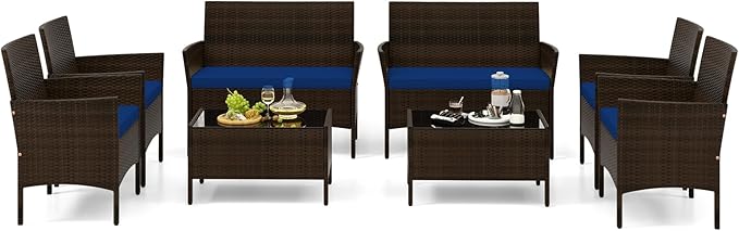 Tangkula 8 Piece Patio Rattan Conversation Set, Outdoor Wicker Furniture Set with Chair, Loveseat & Tempered Glass Table, Cozy Seat Cushions, Outside Sectional Sofa Set for Backyard, Porch
