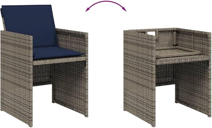 11 Piece Garden Dining Set with Cushions Grey Poly Rattan Outdoor Patio Furniture Table Chairs Stools Tempered Glass UV Resistant Foldable Storage 110 kg