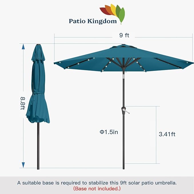 9FT Solar Umbrella 32 LED Lighted Patio Umbrella Table Market Umbrella w/Tilt and Crank, UV-Resistant Outdoor Umbrella for Pool, Garden, Deck, Lake Blue