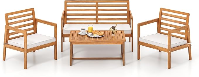 HAPPYGRILL 4 Piece Wood Patio Conversation Set, Armchairs Loveseat & Coffee Table Set with Cushions, Acacia Wood Frame, Outdoor Furniture Set for Porch, Garden, Backyard, Poolside