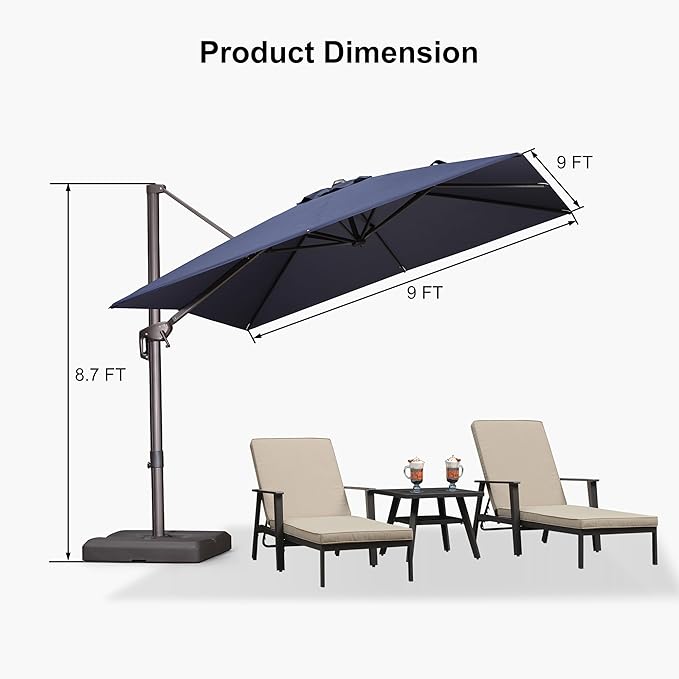 PURPLE LEAF 9' X 9' Patio Umbrella With Base Antique Bronze Square Cantilever Umbrella Outdoor with 360° Rotation and Aluminum Offset Hanging for Pool Deck Garden Backyard, Navy Blue