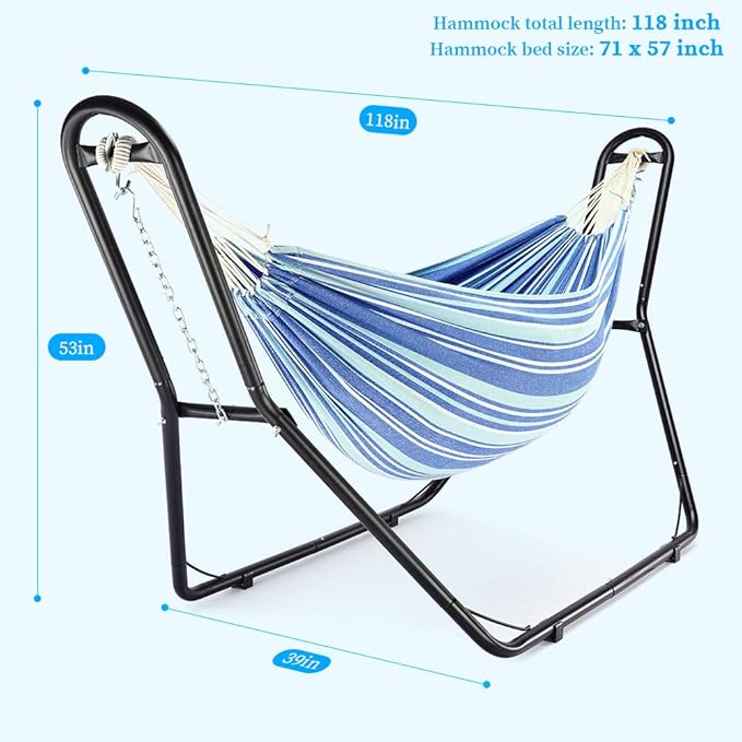 Zupapa Hammock with Stand 2 Person, Upgraded Steel Hammock Frame and Polycotton Hammock, 550LBS Capacity for Indoor Outdoor Use Blue White Stripes