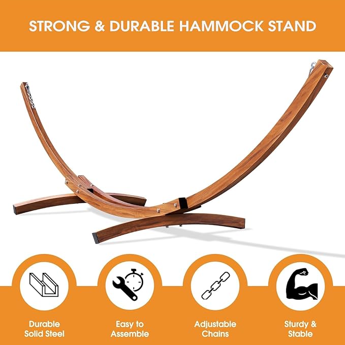 Lazy Daze Hammocks Double Rope Hammock with 13 FT Curved Steel Heavy Duty Stand for Outside, Backyard, Patio, 450 Lbs Capacity, Natural