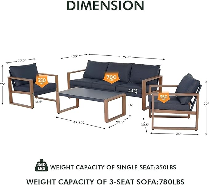 Grand patio Outdoor 4-Piece Modern Aluminum Patio Furniture Sets 5 Person Conversation Set, Faux Wood Grain Finish Frame Sofa with Removable Olefin Thick Cushions and Coffee Table (Grey+Umbrella)