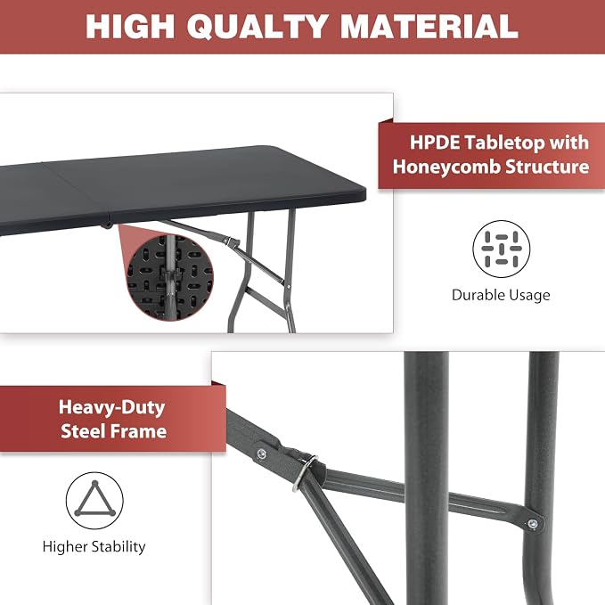 6FT Folding Table, Fold-in-Half Portable Plastic Table with Handle, Heavy Duty HDPE, 500 lbs Capacity, Waterproof & Scratch-Resistant, Locking Legs, Anti-Slip Feet for Indoor Outdoor Party Picnic