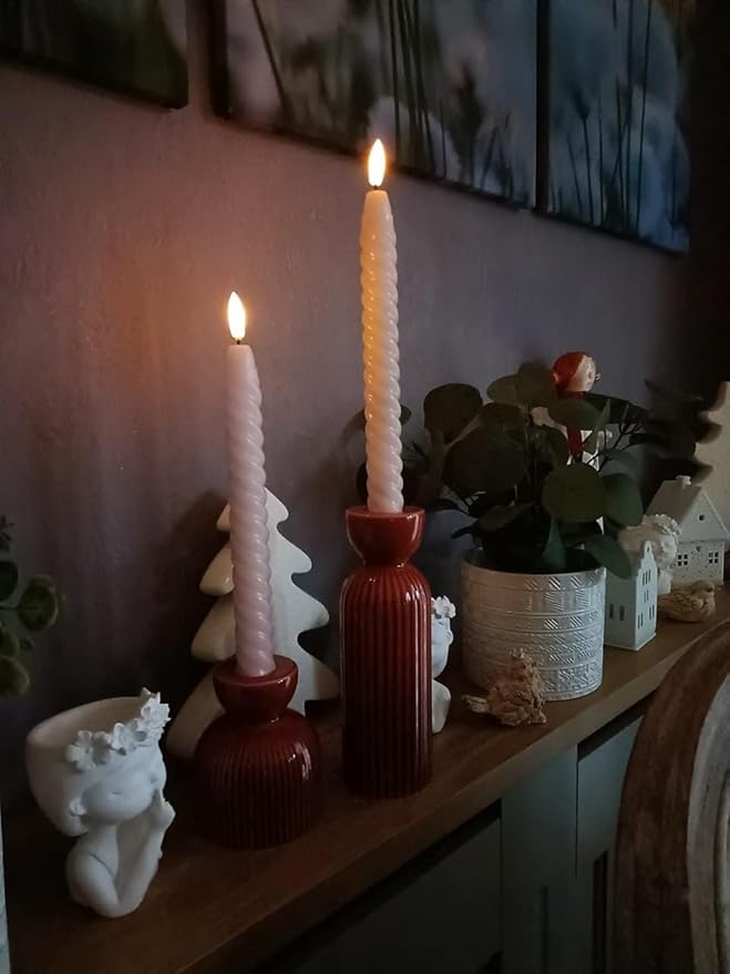 Pink Flameless Taper Candles Real Wax Flickering Pastel with Remote Timer, 3D Wick LED Spiral Candles Battery Operated 6 Pack 9.8 inch, Wedding Birthday Home Party Holiday Dinner Decor