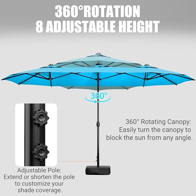 CHABATREE 15FT Double-Sided Patio Umbrella with Base Included, Large Outdoor Rectangular Market Umbrella for Backyard, Poolside, Lawn & Garden, Lake Blue