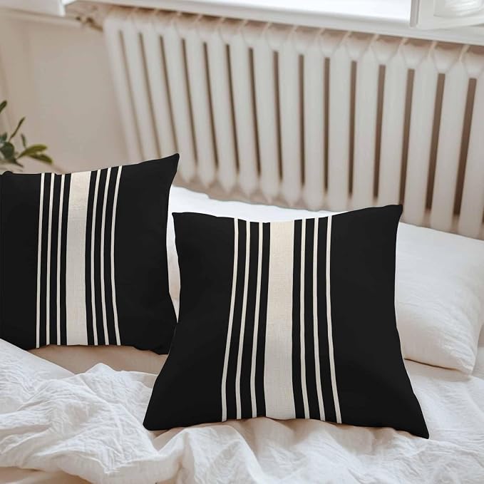Vandarllin Outdoor Throw Pillows Covers 16x16 inch Set of 2 Waterproof Black Stripes Decorative Zippered Cushion Covers for Patio Furniture, Classic Striped Linen Lumbar Pillowcases