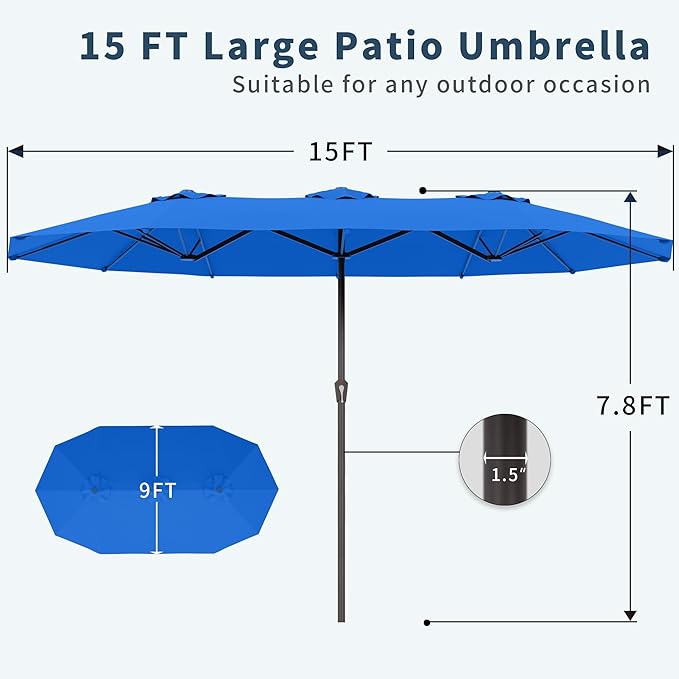 PatioKingdom 15FT Large Patio Umbrella with Base, Double Sided Rectangular Outdoor Umbrella with Sturdy Fiberglass Ribs, Market Umbrella for Pool,Garden,Backyard,Deck (Royal blue, 15FT)