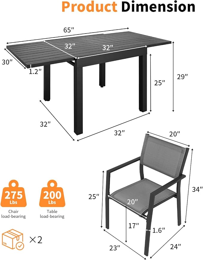 5 Pieces Outdoor Dining Set, Never-Rust Aluminum Expandable Patio Dining Table Set, 32"-65" Extendable Dining Table and Stackable Textilene Dining Chairs for Backyard, Deck, Indoor, Black