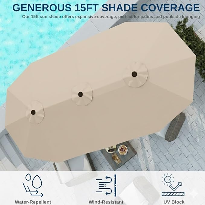 15FT Large Patio Umbrella with Base, Double Sided Rectangular Outdoor Umbrella with Sturdy Fiberglass Ribs, UPF 50+ Sun Protection, Wind-Resistant, Waterproof Fade-Resistant Fabric for Pool, Garden, Backyard, Deck(Beige)