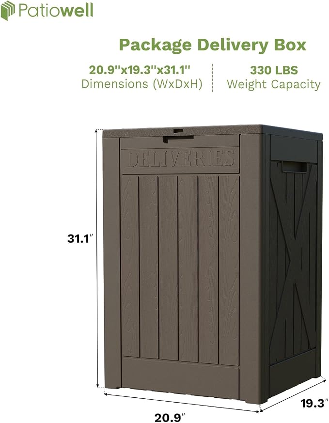 Patiowell 48-Gallon Resin Package Delivery Box for Outside, Waterproof Storage Deck Box with Lockable Secure (Brown)