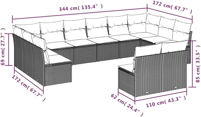 9 Piece Patio Sofa Set with Cushions, Sectional Sofa Outdoor Dining Sets Garden Lounge Set Patio Conversation Set for Piazza Poolside Garden Negotiation Area Black Poly Rattan