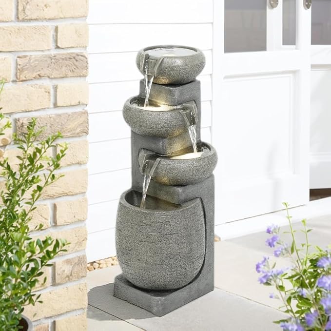 36 Inch Outdoor Waterfall Fountain – 4-Tier Cascading Bowls & Stacked Stones with LED Lights, Brown, Built-in Pump, Calming Water Flow for Garden/Porch/Backyard Landscaping