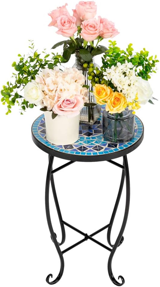 Mosaic Patio Table,Outdoor Side Table,14inch Accent Table Plant Stand Decor, Small Vintage Outdoor End Table with Stained Glass Mosaic & Iron Frame for Patio Garden Balcony Poolside (Blue)