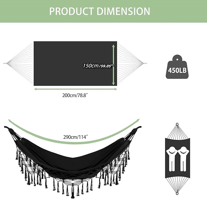 Goutime Double Hammock, Macrame Boho Cotton Hammock with Hanging Ropes, Portable for Camping Patio Backyard Indoor Outdoor,485LBS Capacity (Black)