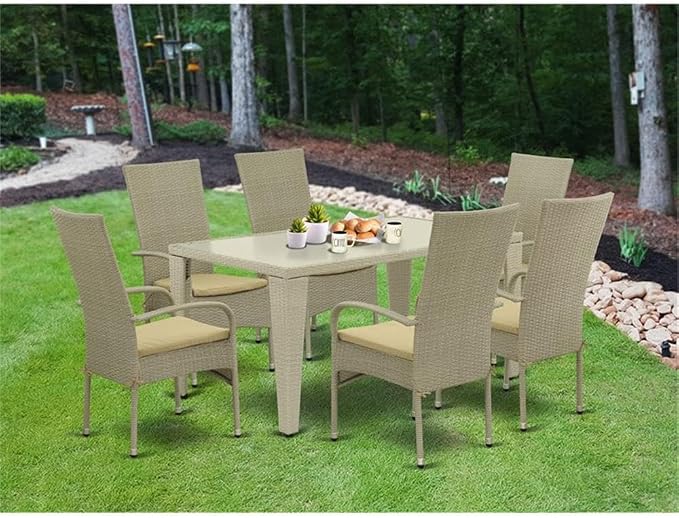 Pemberly Row 7-Piece Patio Dining Set, Natural Acacia Wood Table, Resin Wicker Armchairs with Water-Resistant Cushions, Steel Frame, Weather-Resistant Outdoor Furniture, 30x36x60 in Table for