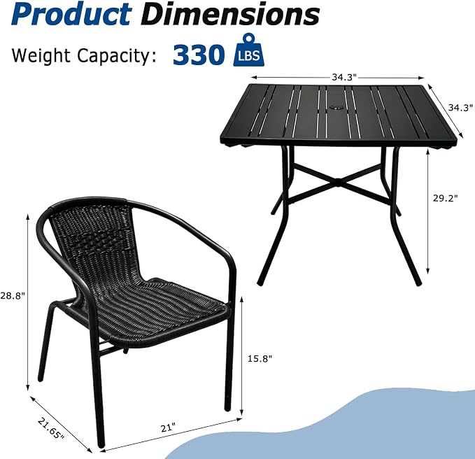 5 Piece Patio Dining Set with Black Outdoor Metal Table & 4 Hand-Woven PE Rattan Stackable Chairs for Backyard Garden Poolside, Black Chairs