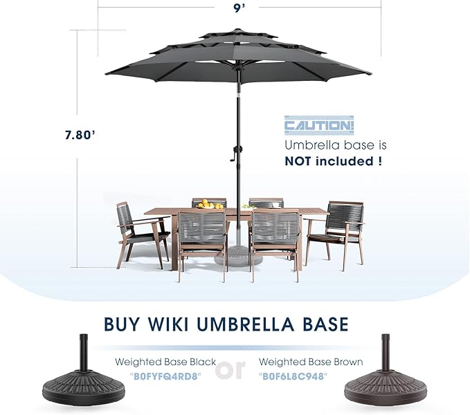 wikiwiki 9ft 3-Tier Patio Umbrella Outdoor Table Market Umbrella for Patio with Push Button Tilt/Crank, Fade Resistant Waterproof POLYESTER Canopy for Garden, Lawn, Deck, Backyard & Pool, Dark Gray