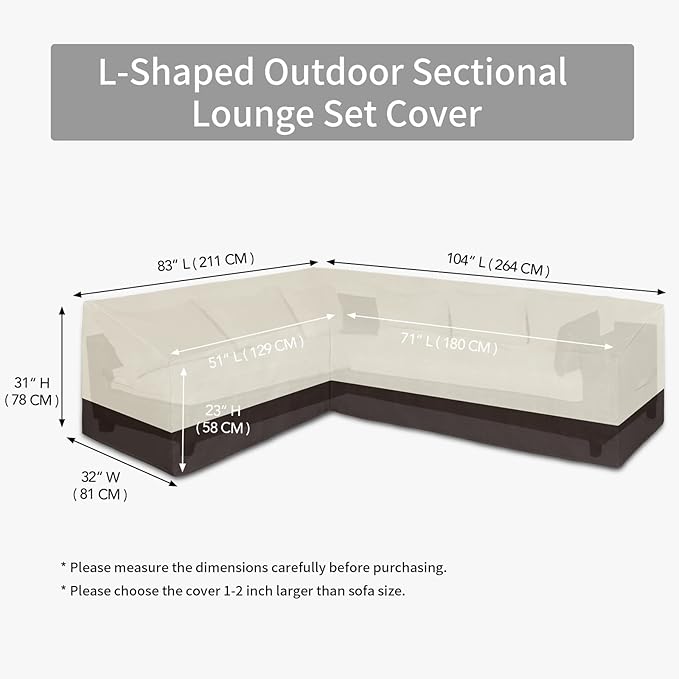 Easy-Going Patio L-Shaped Sectional Sofa Cover, Waterproof Outdoor Sectional Cover, Heavy Duty Garden Furniture Cover with Air Vent (Left Facing, Beige/Dark Brown)