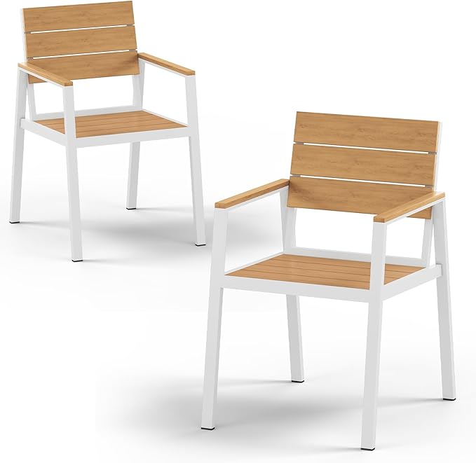 Vexwalx Outdoor Dining Chairs Set of 2, HDPS + Aluminum Patio Dining Chairs with Ergonomic Design and Wide Seat, 2 Piece Outdoor Chairs for Garden, Backyard, Deck (White-Teak)