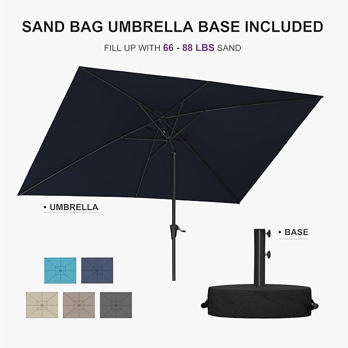 PURPLE LEAF 6.5' x 10' Rectangular Patio Umbrella Outdoor Table Umbrella Aluminum Frame Market Umbrella Sun Umbrella for Garden Deck Lawn Pool Navy Blue