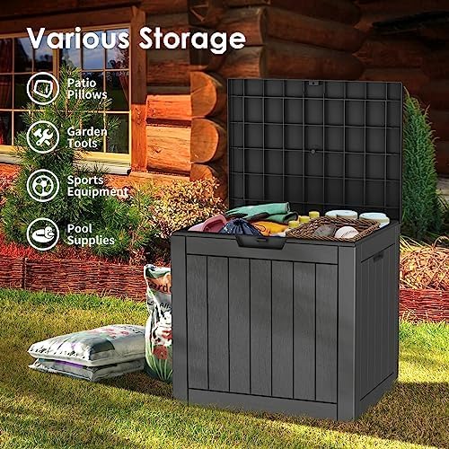 30 Gallon Deck Box, Waterproof Resin Outdoor Storage Box with Lockable Lid, Patio Storage Box Featuring Fade Resistant for Patio Furniture Cushions, Pool Accessories, Garden Tools, Black