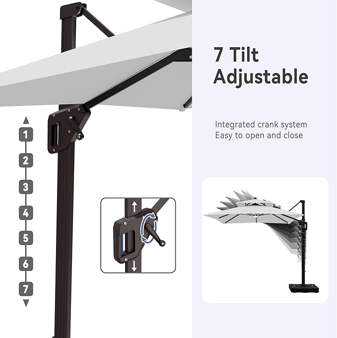 10' X 13' Cantilever Patio Umbrella with Led Lights Double Top Rectangular Outdoor Large Offset Umbrellas with 7 Tilts Adjustable 360°Rotation for Deck Pool Garden Backyard, Fog Grey