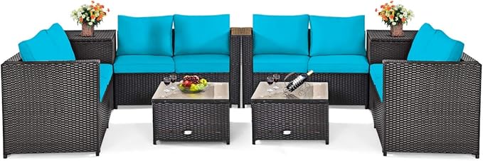Tangkula 8 Piece Wicker Patio Set with Storage, All Weather-Proof Outdoor Conversation Set with Loveseat, Glass Top Coffee Table & Storage Box, Suitable for Garden, Poolside, Sunroom (2, Turquoise)