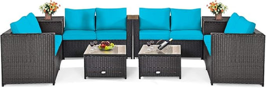 Tangkula 8 Piece Wicker Patio Set with Storage, All Weather-Proof Outdoor Conversation Set with Loveseat, Glass Top Coffee Table & Storage Box, Suitable for Garden, Poolside, Sunroom (2, Turquoise)