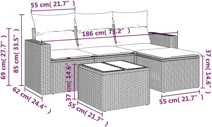 vidaXL Patio Sofa Set with Cushions 5 Piece, Patio Furniture, Outdoor Sectional Sofa Conversation Set for Balcony Garden, Gray Poly Rattan