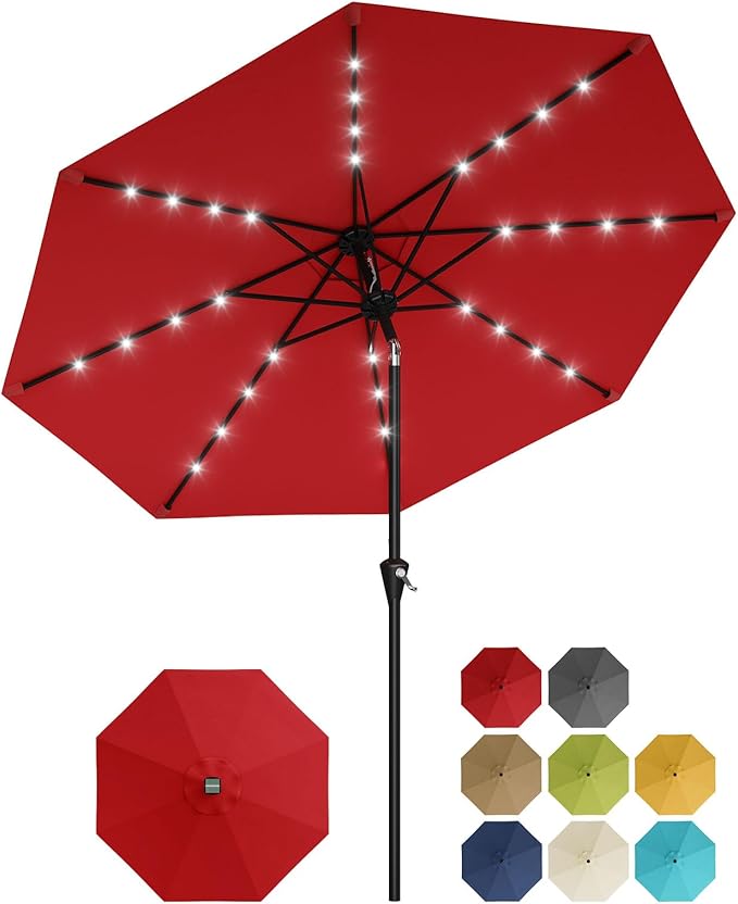 Garvee 9/10 FT Solar Patio Umbrella with 32 LED Lights - Outdoor Table Umbrella with Crank Lift, Push Button Tilt and 8 Sturdy Ribs - Market Umbrella UV Protection for Pool, Deck, Yard, Garden