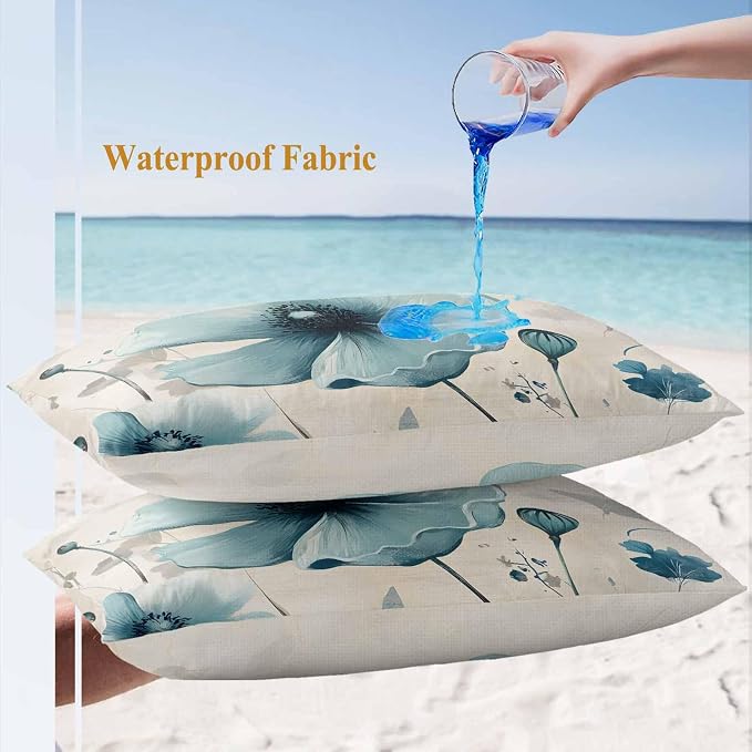 Blue Flowers Butterfly Outdoor Waterproof Throw Pillow Covers Set of 2, 20"x12", Watercolor Retro Leaf Pastoral Style Decorative Pillow Covers Outside Cushion Case for Patio Porch Garden