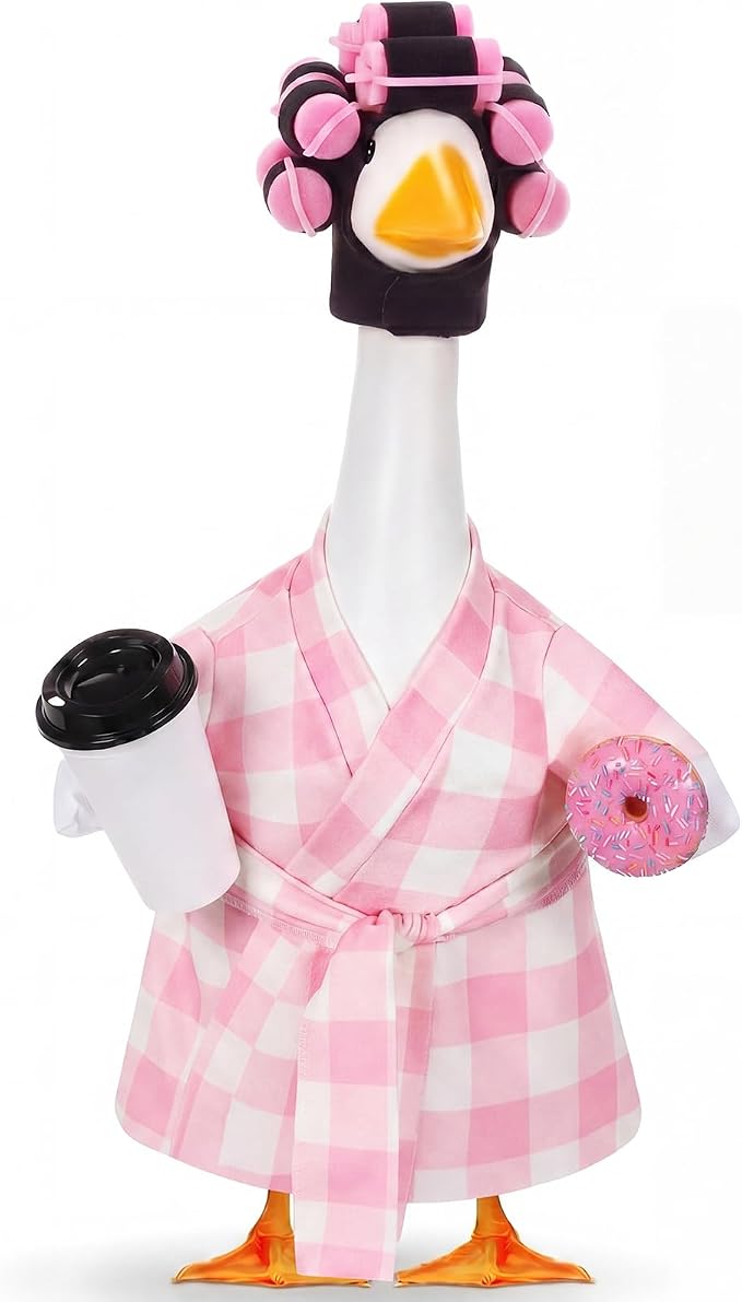 Shyyween Lady Porch Goose Outfit for 23'' Cement Plastic Lawn Goose Statue Clothes Pink Plaid Bathrobe Coffee Cup Curlers for Outdoor Garden Yard Patio Decoration