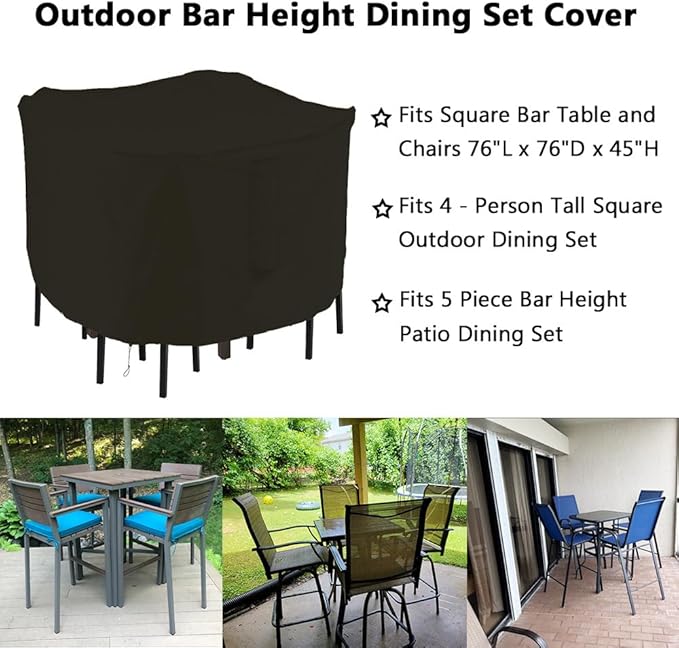 Outdoor Bar Height Dining Set Cover for 5 Piece High Tall Square Bistro Outdoor Dining Set Waterproof Heavy Duty 76 Inch Square Patio Bar Height Table & Chair Sets Cover