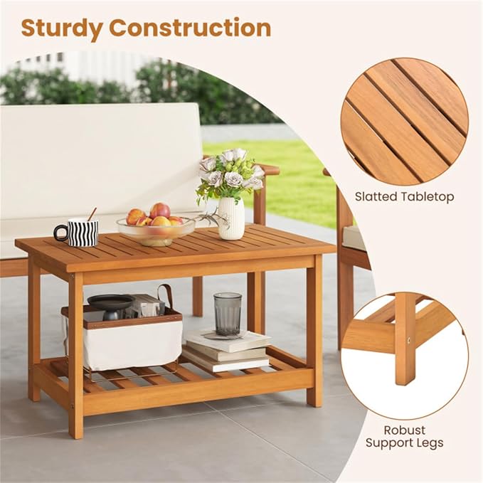 Acacia Wood Coffee Table with Storage Shelf, 29.5" Rectangular Outdoor Patio Center Table, 2-Tier Slatted Side Table for Garden Backyard Poolside Living Room, Natural Wood Finish