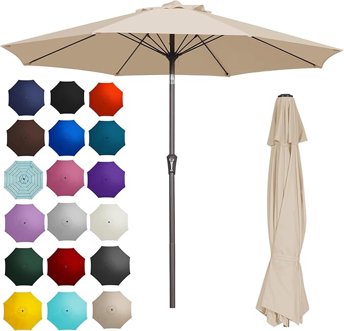 PatioKingdom 9FT Patio Outdoor Umbrella-UPF 50+ Sun Shade with Wind Vent, Push-Button Tilt & Smooth Crank Lift, Rust-Resistant Fiberglass Frame for Garden, Backyard,Yard (Beige)