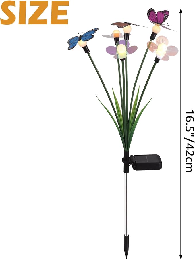 Hoikwo Solar Garden Flower Lights 4 Pack, Swaying Butterfly Flower Stakes Outdoor, Lifelike Butterflies and Flowers with 6 LED Warm Lights, Solar Lights Decor for Yard, Patio, Garden, Pathway