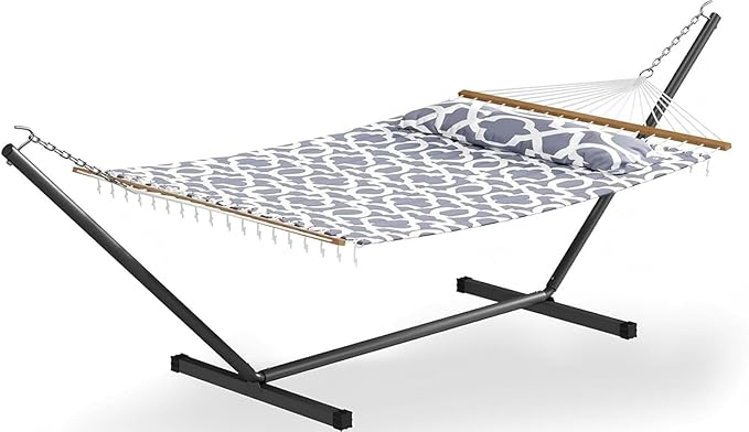 Garvee 57" Double Hammock with Heavy Duty Stand – 2 Person Hammock, Widening Cotton Fabric Design, 450 LB Capacity for Indoor & Outdoor Use (Light Grey)