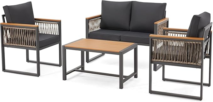 EROMMY 4 Pieces Outdoor Patio Furniture Set with Solid Wood Handrails, Plastic-Wood Balcony Furniture with Wicker Arm Panel, All-Weather Metal Patio Conversation Sets with Coffee Table and Cushion
