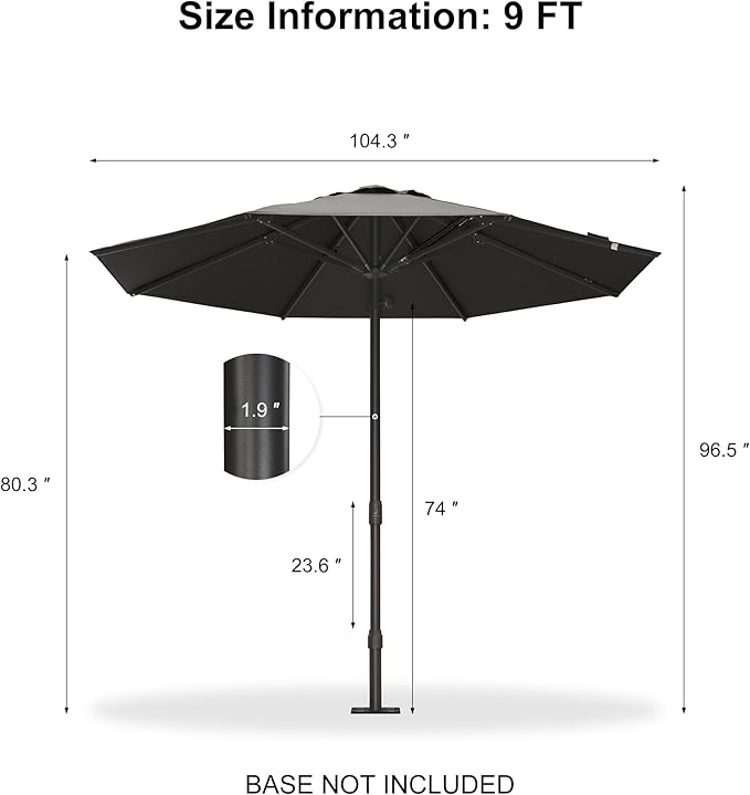 PURPLE LEAF 9Ft Round Semi-Auto Outdoor Patio Umbrella Aluminium Market Umbrella Table Sun Umbrella with 1.89" Rod and 8 Sturdy Ribs for Deck Lawn Pool Garden, Gray