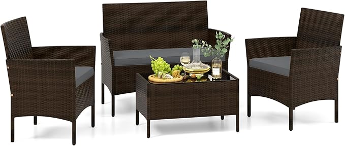 Tangkula 4 Piece Patio Rattan Conversation Set, Outdoor Wicker Furniture Set with Chair, Loveseat & Tempered Glass Table, Cozy Seat Cushions, Outside Sectional Sofa Set for Backyard, Porch (1,Grey)