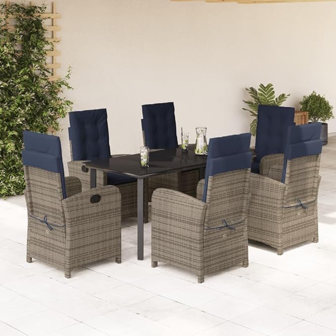 Backyard Furniture Patio Conversation Sets Outdoor Seating 7 Piece Patio Dining Set with Cushions Gray Poly Rattan Suitable for Gardens, Balconies, Decks