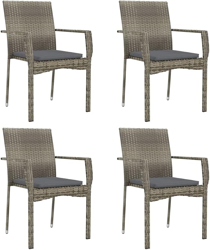 5 Piece Patio Dining Set with Cushions Black and Gray Poly Rattan Outdoor Garden Table and Chairs Weather Resistant Tempered Glass Top Comfortable Seating for Backyard Deck Porch
